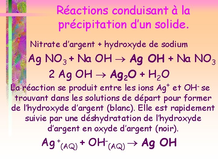 Réactions conduisant à la précipitation d’un solide. Nitrate d’argent + hydroxyde de sodium Ag