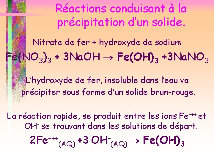 Réactions conduisant à la précipitation d’un solide. Nitrate de fer + hydroxyde de sodium