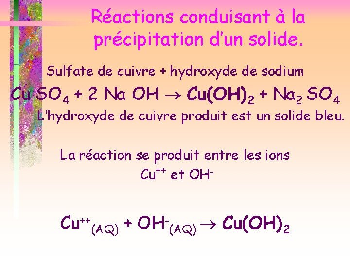 Réactions conduisant à la précipitation d’un solide. Sulfate de cuivre + hydroxyde de sodium
