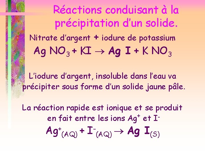 Réactions conduisant à la précipitation d’un solide. + iodure de potassium Ag NO 3