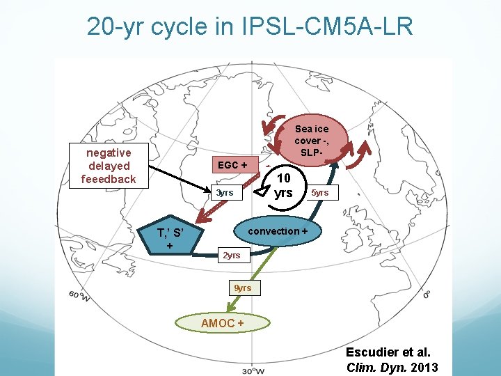 20 -yr cycle in IPSL-CM 5 A-LR Sea ice cover -, SLP- negative delayed