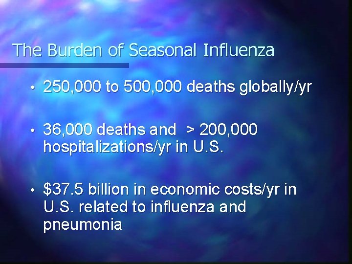 The Burden of Seasonal Influenza • 250, 000 to 500, 000 deaths globally/yr •