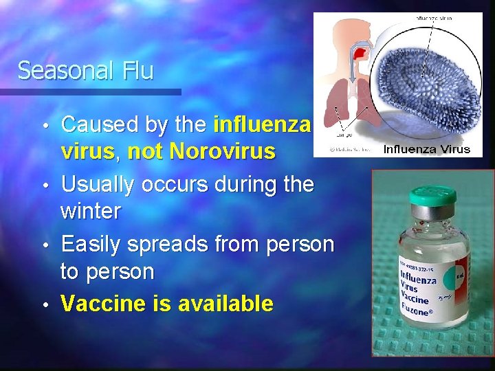 Seasonal Flu Caused by the influenza virus, not Norovirus • Usually occurs during the