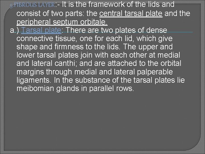 5. FIBROUS LAYER: - It is the framework of the lids and consist of