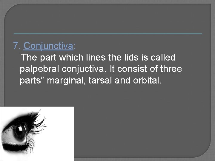 7. Conjunctiva: The part which lines the lids is called palpebral conjuctiva. It consist