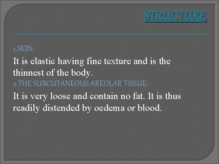 STRUCTURE 1. SKIN: It is elastic having fine texture and is the thinnest of