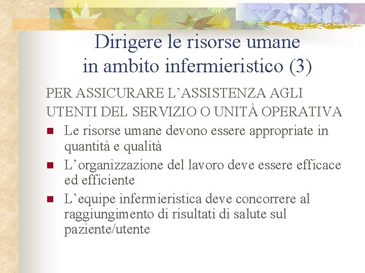 Dirigere le risorse umane in ambito infermieristico (3) PER ASSICURARE L’ASSISTENZA AGLI UTENTI DEL
