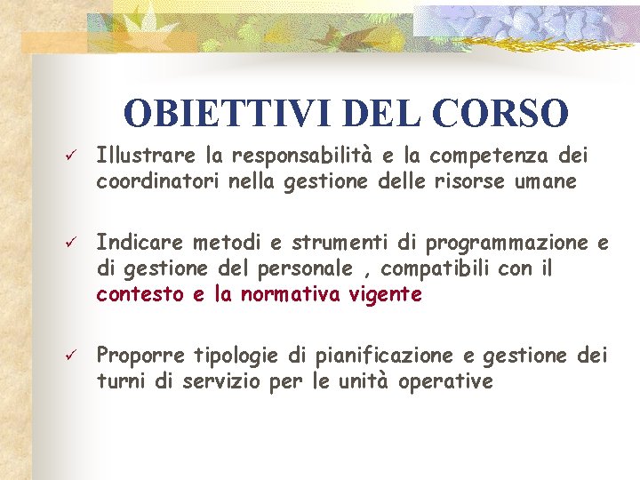 OBIETTIVI DEL CORSO ü ü ü Illustrare la responsabilità e la competenza dei coordinatori