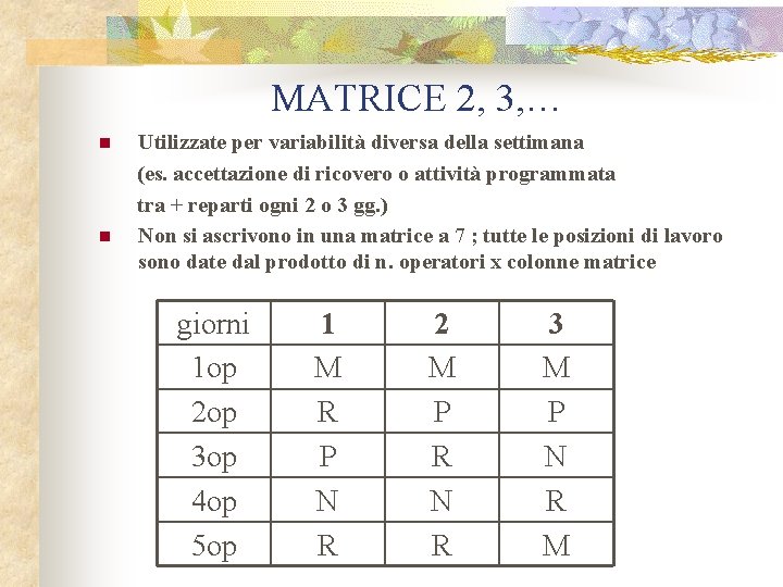 MATRICE 2, 3, … Utilizzate per variabilità diversa della settimana (es. accettazione di ricovero