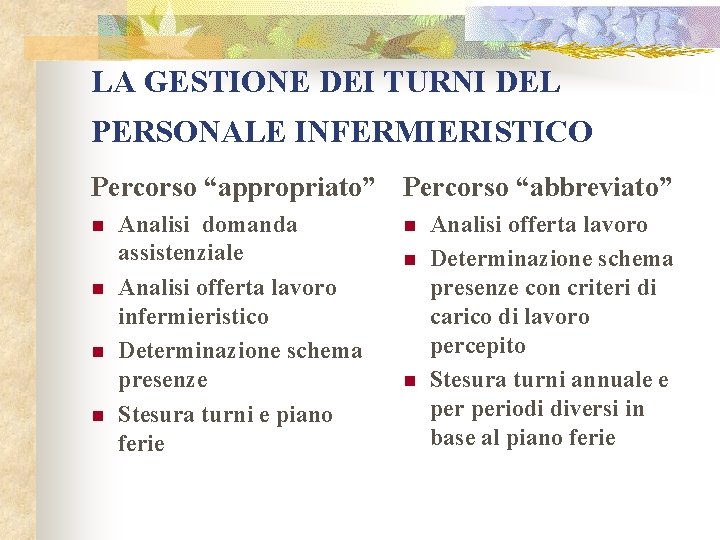  LA GESTIONE DEI TURNI DEL PERSONALE INFERMIERISTICO Percorso “appropriato” Percorso “abbreviato” n n