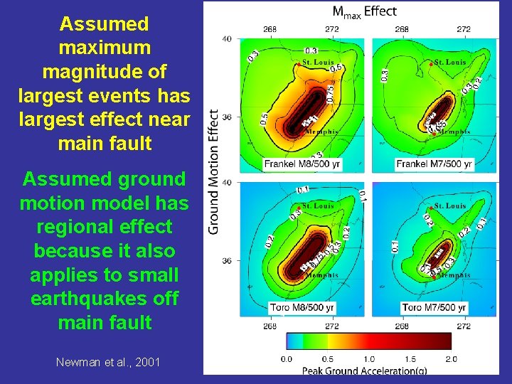 Assumed maximum magnitude of largest events has largest effect near main fault Assumed ground