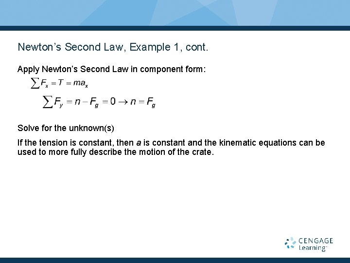Newton’s Second Law, Example 1, cont. Apply Newton’s Second Law in component form: Solve Newton’s Second Law, Example 1, cont. Apply Newton’s Second Law in component form: Solve