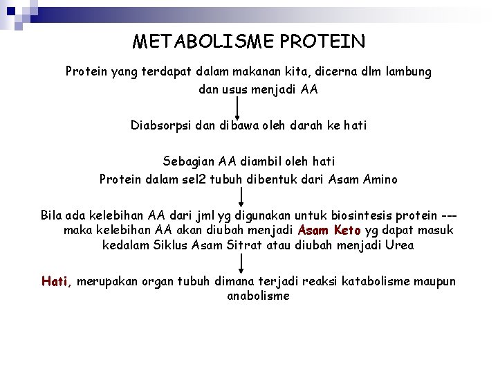 METABOLISME PROTEIN Protein yang terdapat dalam makanan kita, dicerna dlm lambung dan usus menjadi