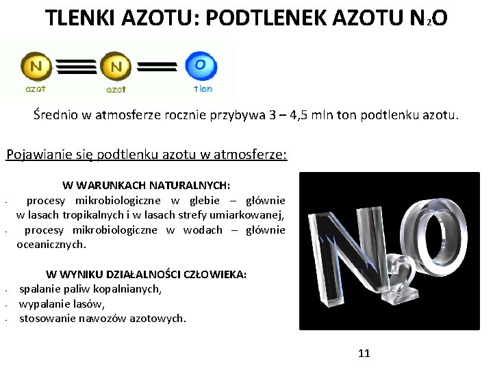 TLENKI AZOTU: PODTLENEK AZOTU N 2 O Średnio w atmosferze rocznie przybywa 3 –