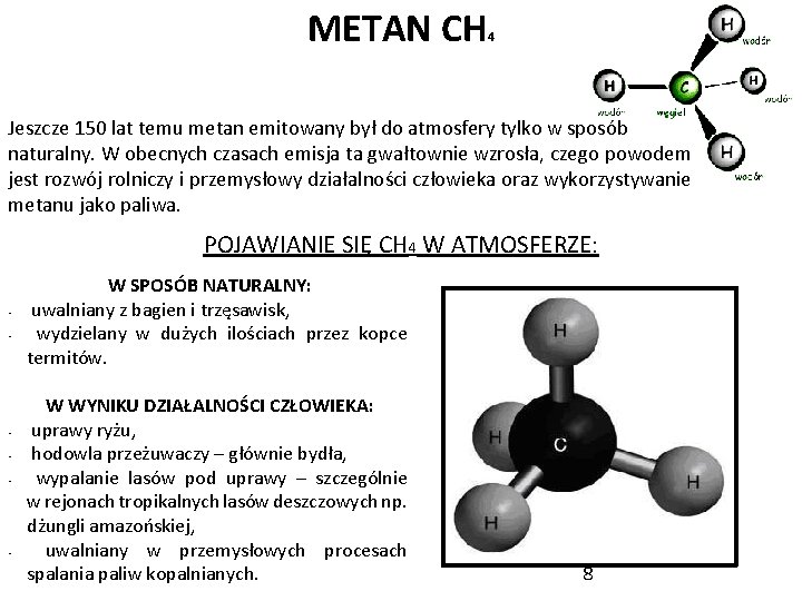 METAN CH 4 Jeszcze 150 lat temu metan emitowany był do atmosfery tylko w