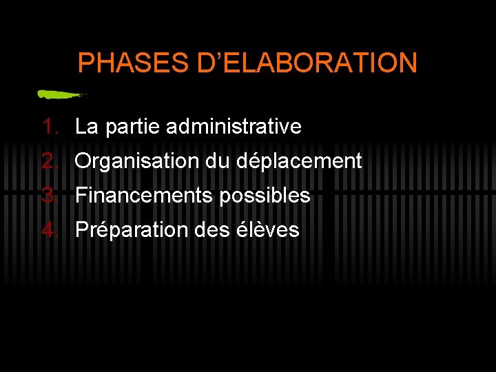 PHASES D’ELABORATION 1. La partie administrative 2. Organisation du déplacement 3. Financements possibles 4.