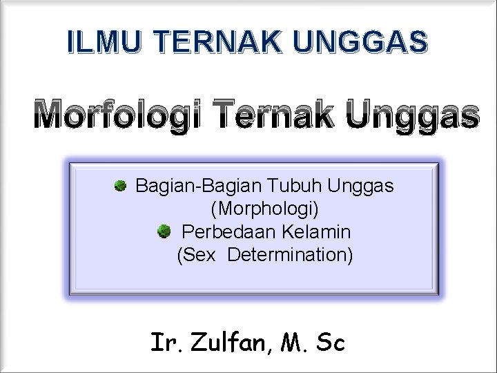 ILMU TERNAK UNGGAS Morfologi Ternak Unggas Bagian-Bagian Tubuh Unggas (Morphologi) Perbedaan Kelamin (Sex Determination)