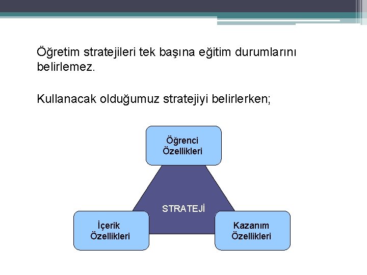 Öğretim stratejileri tek başına eğitim durumlarını belirlemez. Kullanacak olduğumuz stratejiyi belirlerken; Öğrenci Özellikleri STRATEJİ