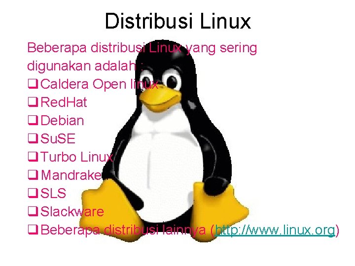 Distribusi Linux Beberapa distribusi Linux yang sering digunakan adalah : q Caldera Open linux