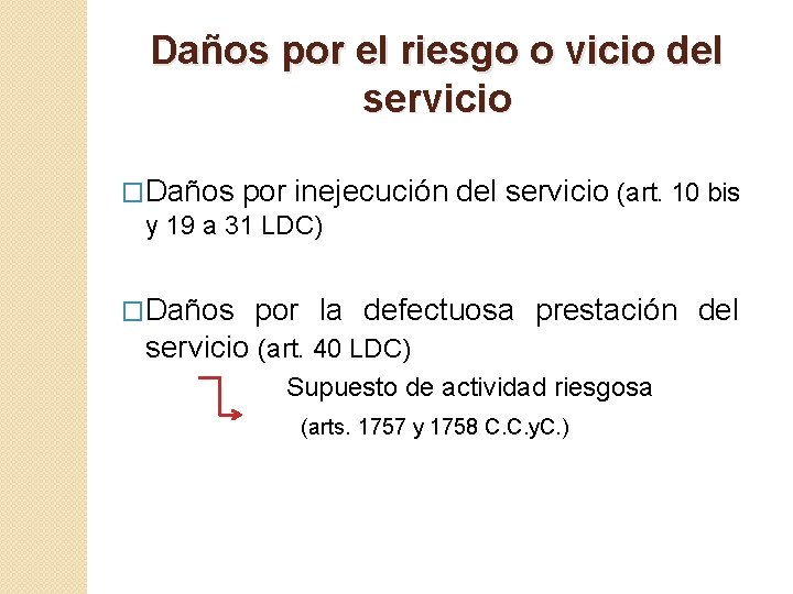 Daños por el riesgo o vicio del servicio �Daños por inejecución del servicio (art.