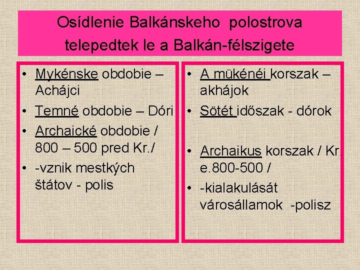Osídlenie Balkánskeho polostrova telepedtek le a Balkán-félszigete • Mykénske obdobie – Achájci • Temné