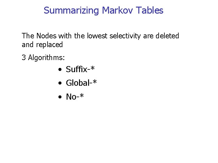 Summarizing Markov Tables The Nodes with the lowest selectivity are deleted and replaced 3