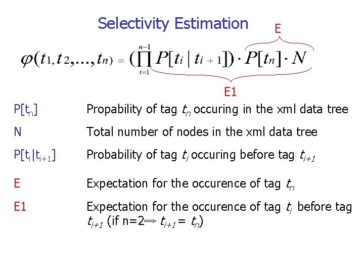 Selectivity Estimation E P[tn] E 1 Propability of tag tn occuring in the xml