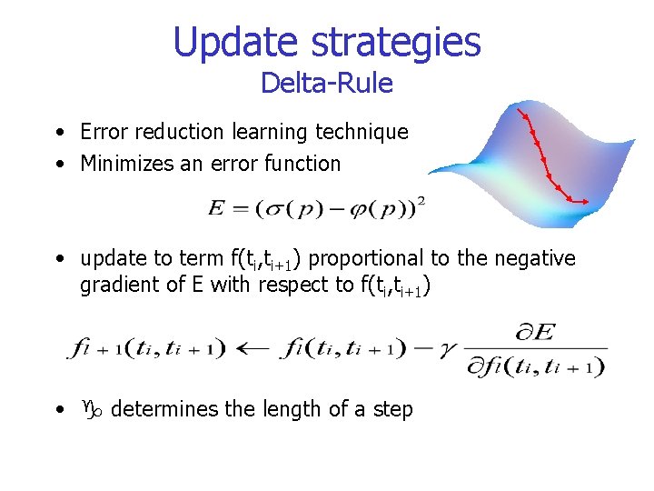 Update strategies Delta-Rule • Error reduction learning technique • Minimizes an error function •