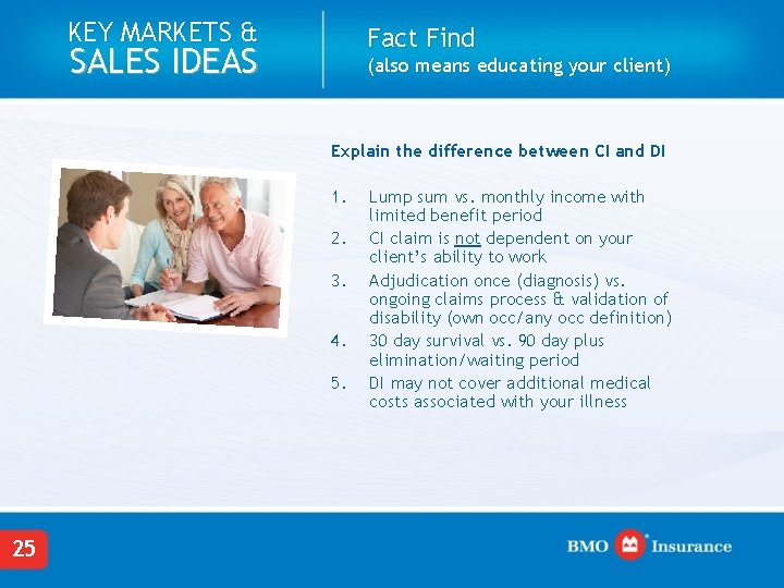 KEY MARKETS & Fact Find SALES IDEAS (also means educating your client) Explain the