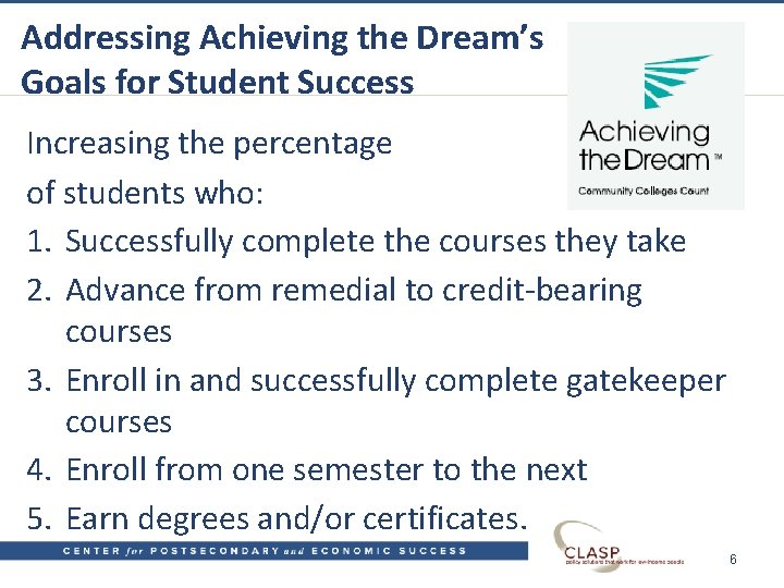 Addressing Achieving the Dream’s Goals for Student Success Increasing the percentage of students who: