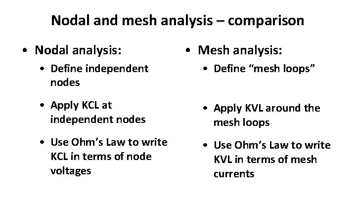 Nodal and mesh analysis – comparison • Nodal analysis: • Mesh analysis: • Define