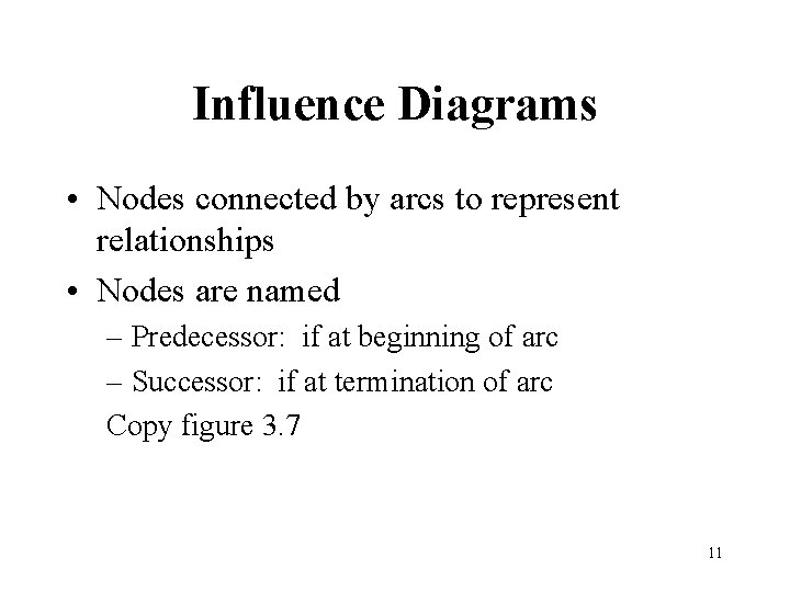 Influence Diagrams • Nodes connected by arcs to represent relationships • Nodes are named