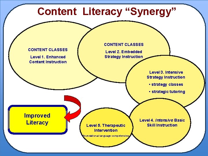 Content Literacy “Synergy” CONTENT CLASSES Level 1. Enhanced Content Instruction Level 2. Embedded Strategy