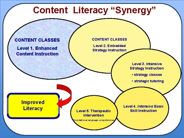 Content Literacy “Synergy” CONTENT CLASSES Level 1. Enhanced Content Instruction CONTENT CLASSES Level 2.