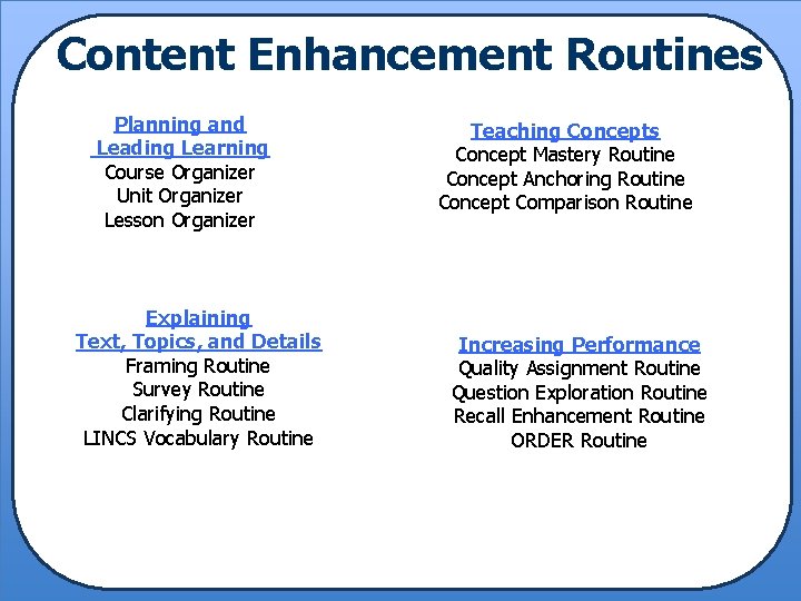 Content Enhancement Routines Planning and Leading Learning Course Organizer Unit Organizer Lesson Organizer Explaining