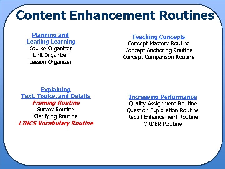 Content Enhancement Routines Planning and Leading Learning Course Organizer Unit Organizer Lesson Organizer Explaining