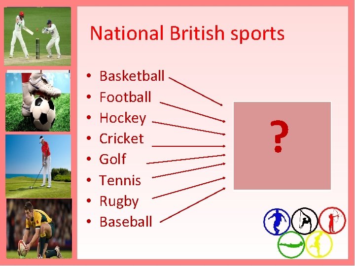  National British sports • • Basketball Football Hockey Cricket Golf Tennis Rugby Baseball