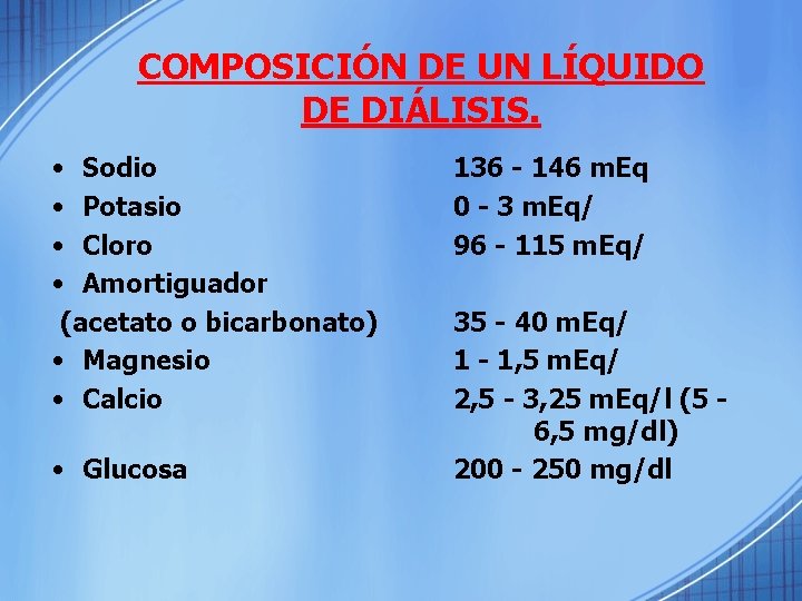 COMPOSICIÓN DE UN LÍQUIDO DE DIÁLISIS. • Sodio • Potasio • Cloro • Amortiguador