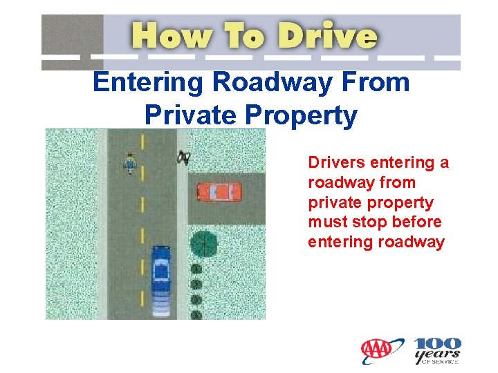 Entering Roadway From Private Property Drivers entering a roadway from private property must stop