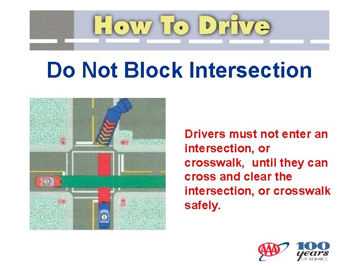 Do Not Block Intersection Drivers must not enter an intersection, or crosswalk, until they