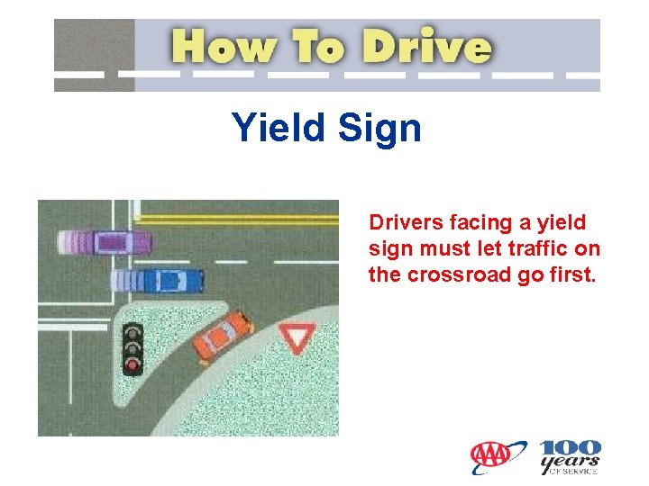 Yield Sign Drivers facing a yield sign must let traffic on the crossroad go