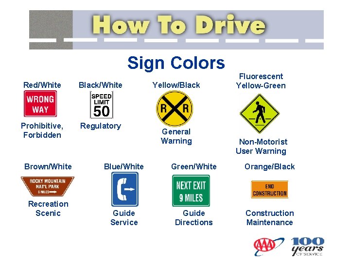 Sign Colors Red/White Black/White Prohibitive, Forbidden Regulatory Brown/White Recreation Scenic Yellow/Black General Warning Fluorescent