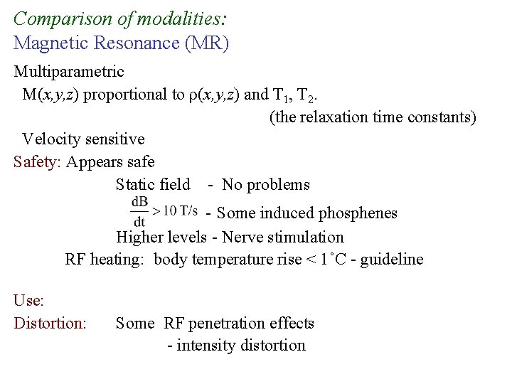 Comparison of modalities: Magnetic Resonance (MR) Multiparametric M(x, y, z) proportional to ρ(x, y,