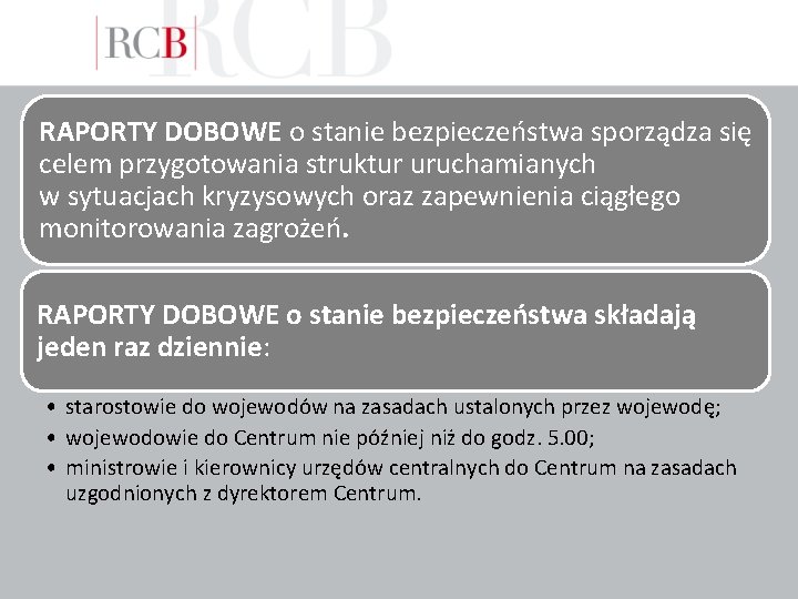 RAPORTY DOBOWE o stanie bezpieczeństwa sporządza się celem przygotowania struktur uruchamianych w sytuacjach kryzysowych RAPORTY DOBOWE o stanie bezpieczeństwa sporządza się celem przygotowania struktur uruchamianych w sytuacjach kryzysowych