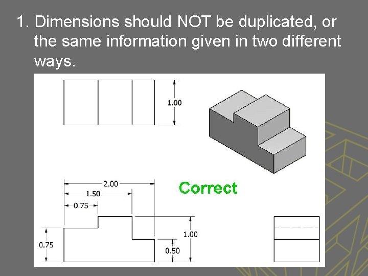 1. Dimensions should NOT be duplicated, or the same information given in two different