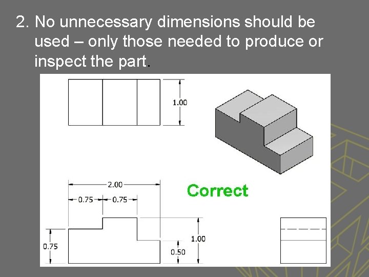 2. No unnecessary dimensions should be used – only those needed to produce or