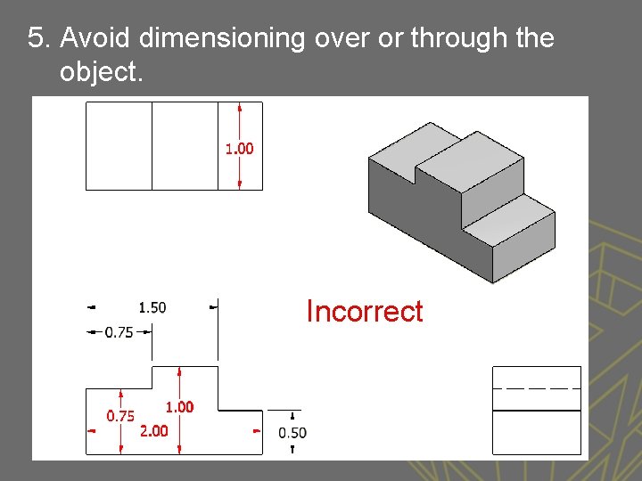 5. Avoid dimensioning over or through the object. Incorrect 