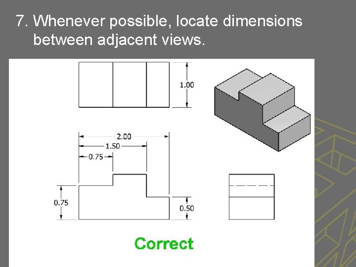 7. Whenever possible, locate dimensions between adjacent views. 