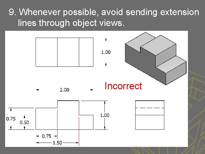 9. Whenever possible, avoid sending extension lines through object views. Incorrect 