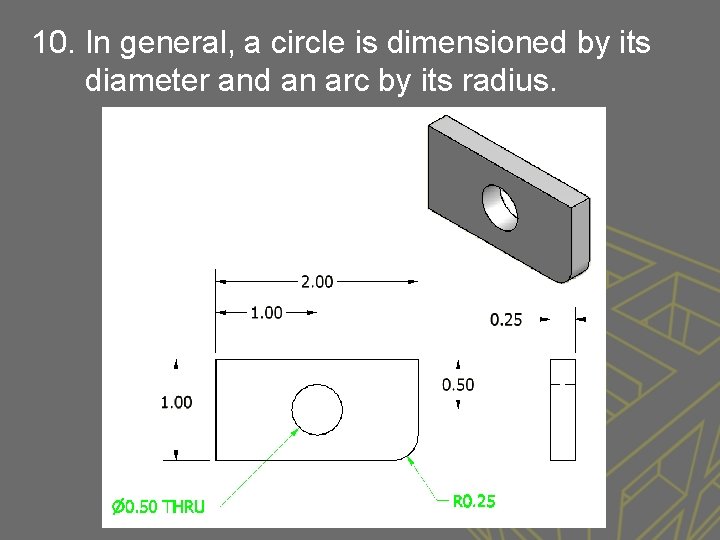 10. In general, a circle is dimensioned by its diameter and an arc by